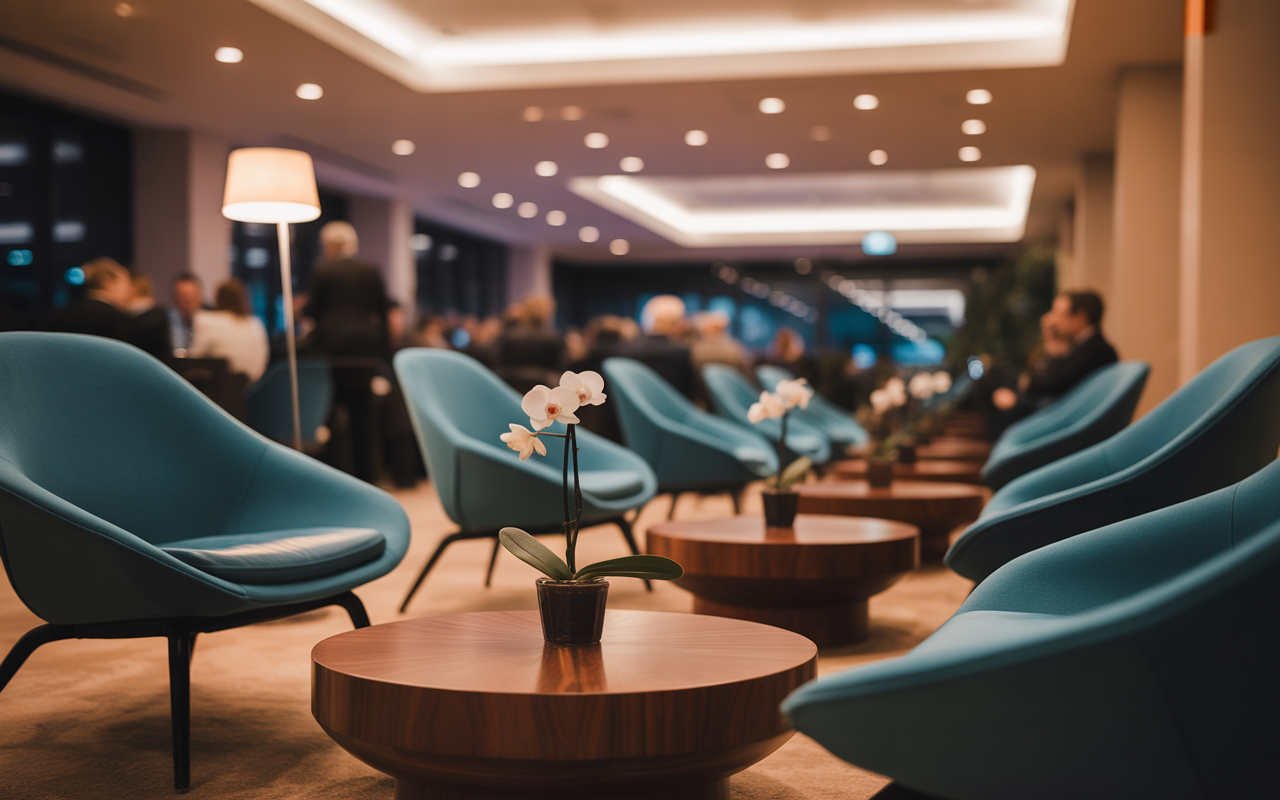 Professionals networking and exchanging ideas at an event lounge