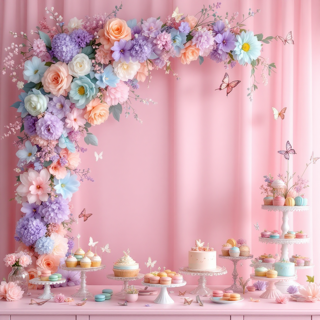 Pastel dessert table with floral garland