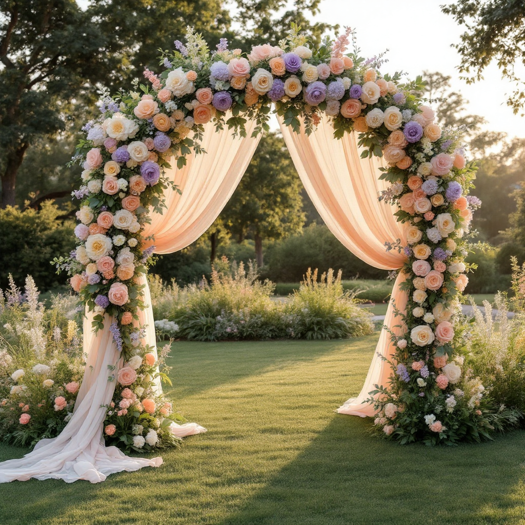 Pastel ceremony arch in garden