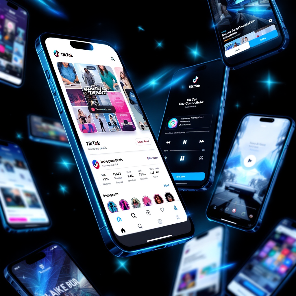 Multiple phone screens showing music content on social platforms