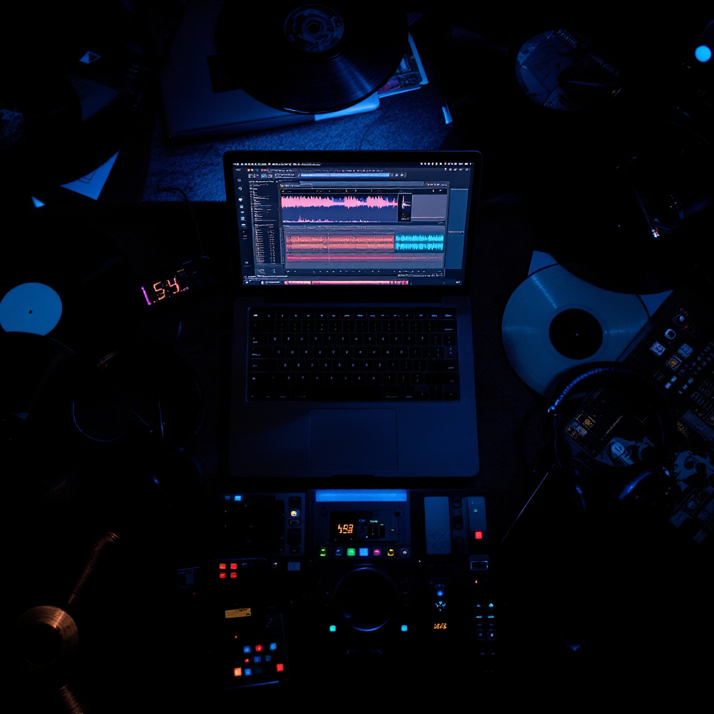 Music production studio with mixing console and equipment