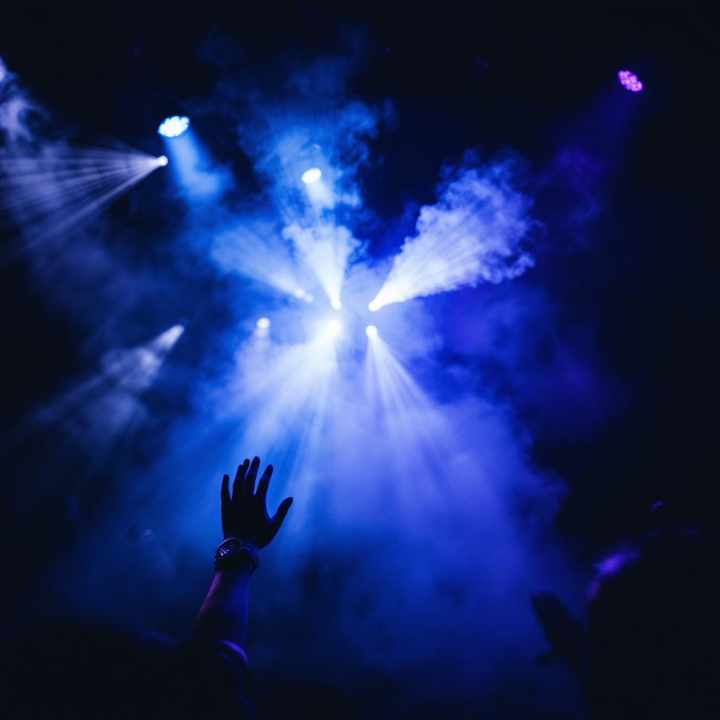 Music artist performing on stage with dramatic lighting