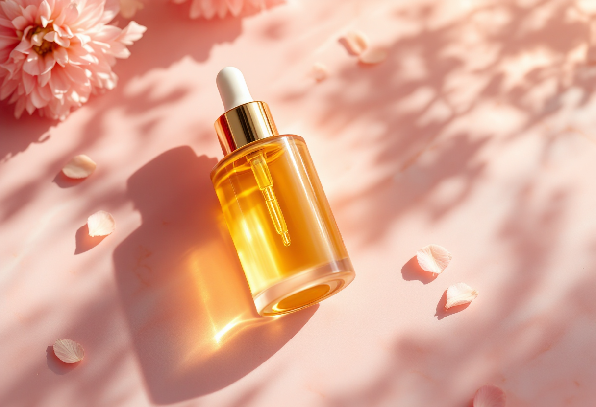 The Bloom Glow Serum in an elegant glass bottle with golden dropper, displayed on a blush pink surface bathed in soft golden light
