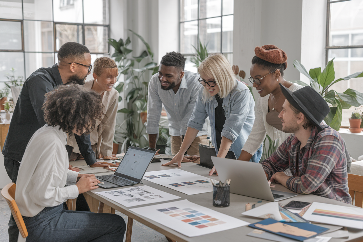 The PixelNest team collaborating in a bright, modern studio space