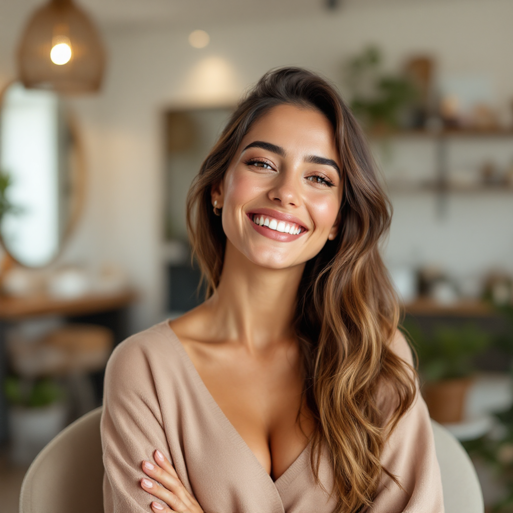 Cliente satisfeita após tratamento de beleza em salão moderno