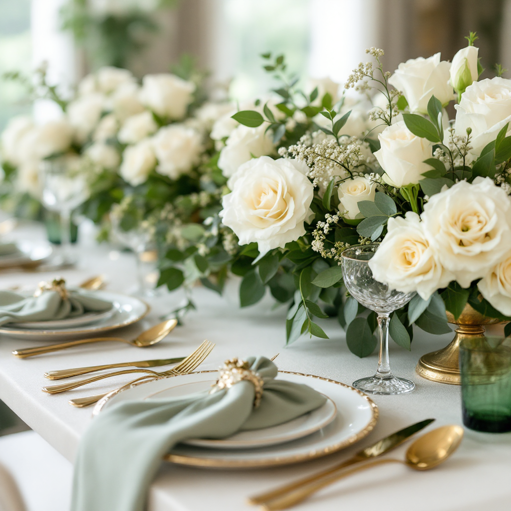 Green and white tablescape
