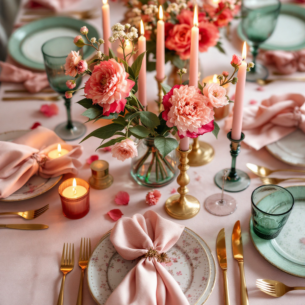 Pink and green tablescape detail