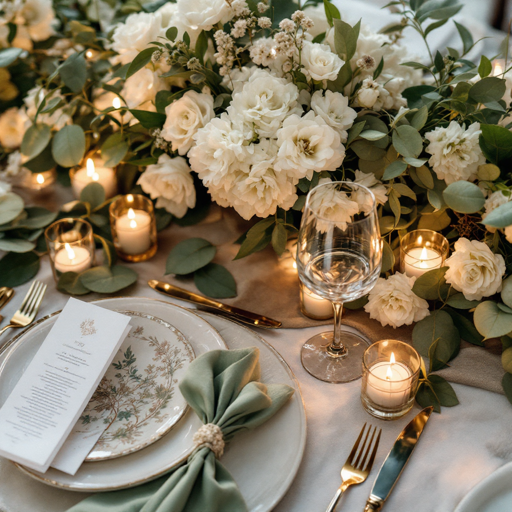 White and green tablescape detail