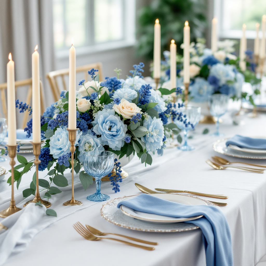Blue and white tablescape