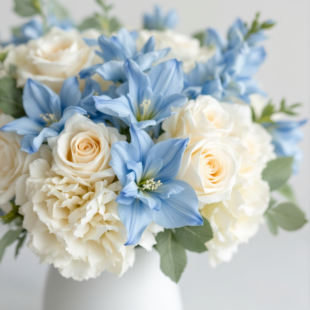 Blue, cream and ivory floral arrangement