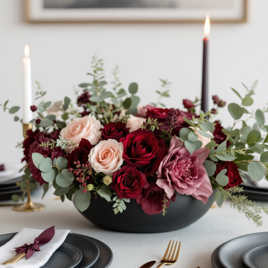 Moody burgundy centerpiece with modern styling