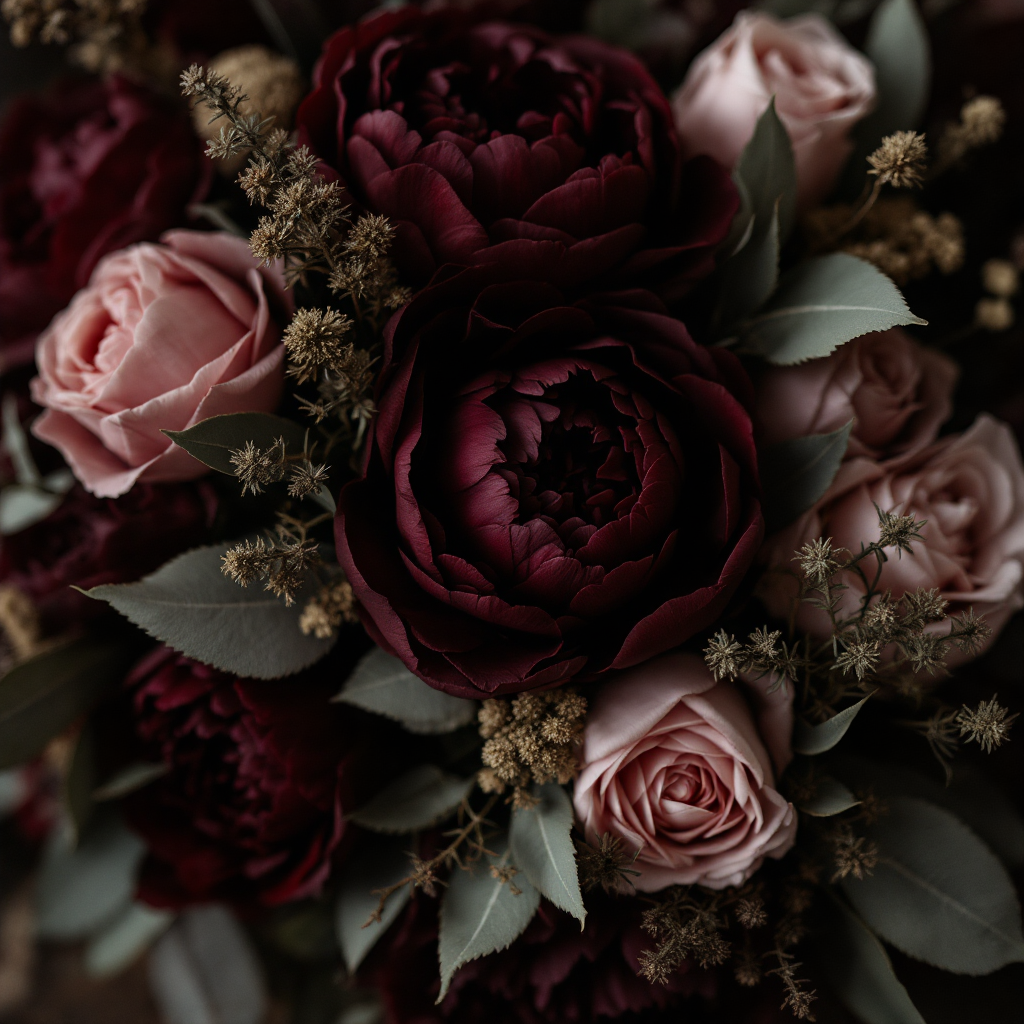 Dark romantic floral arrangement with sage greenery