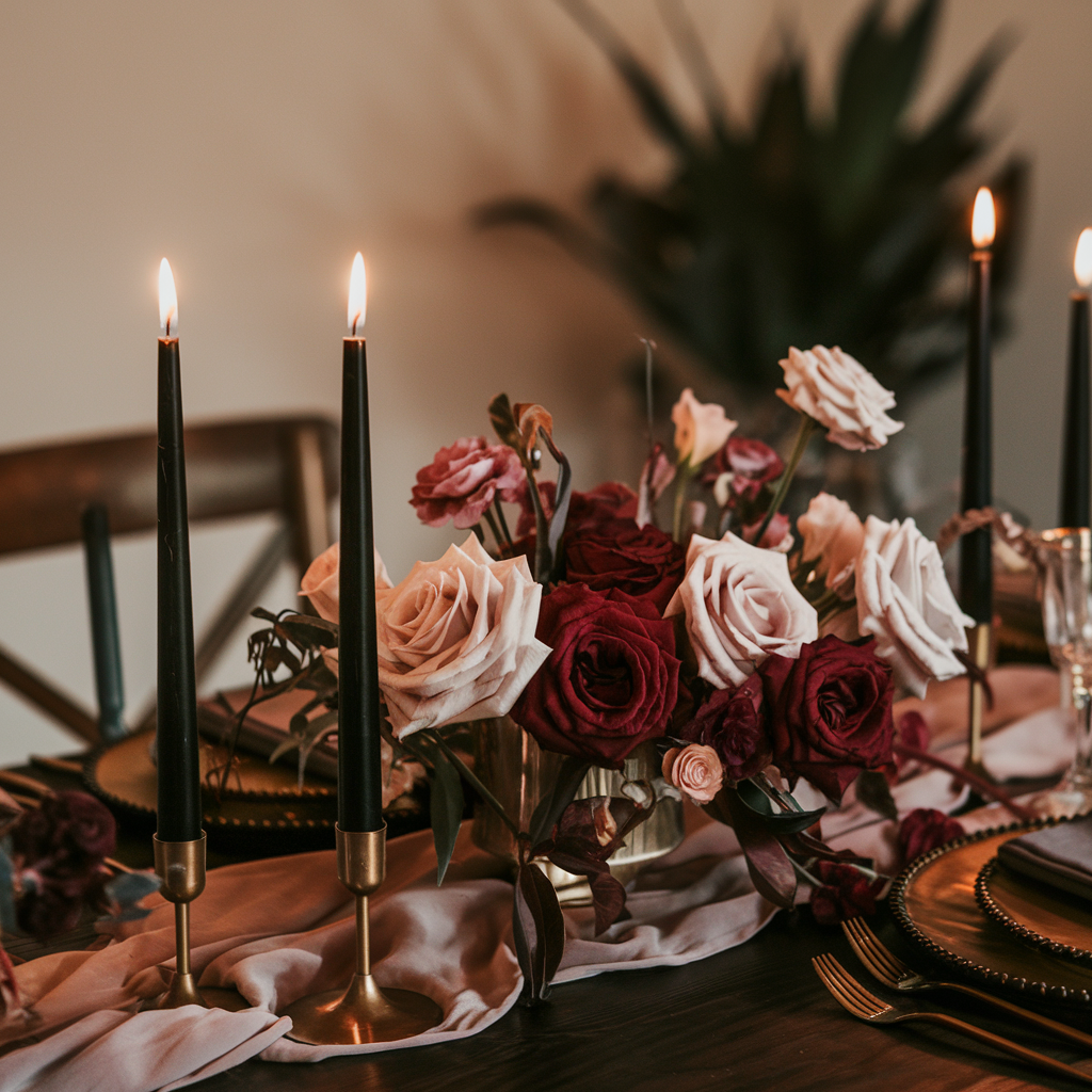 Burgundy and blush floral tablescape with candles