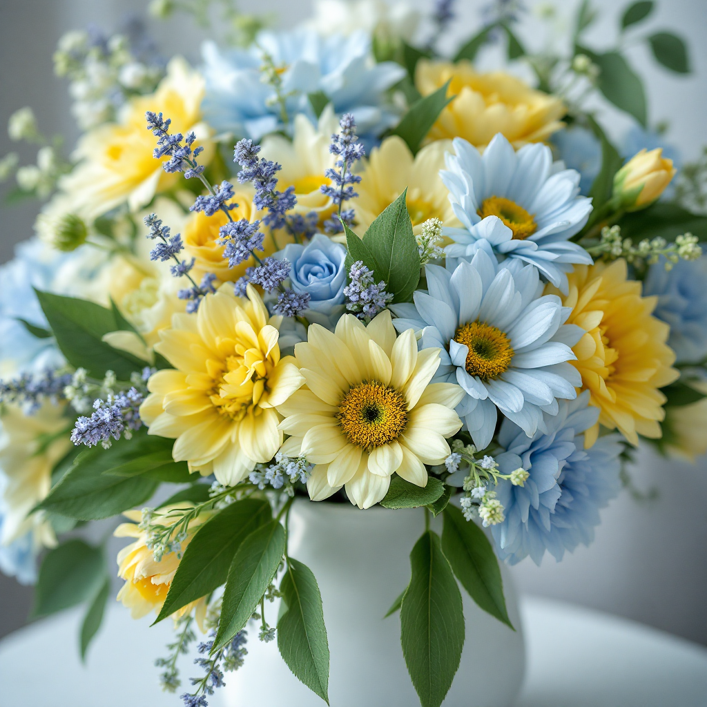 Pastel baby blue and butter yellow floral arrangement