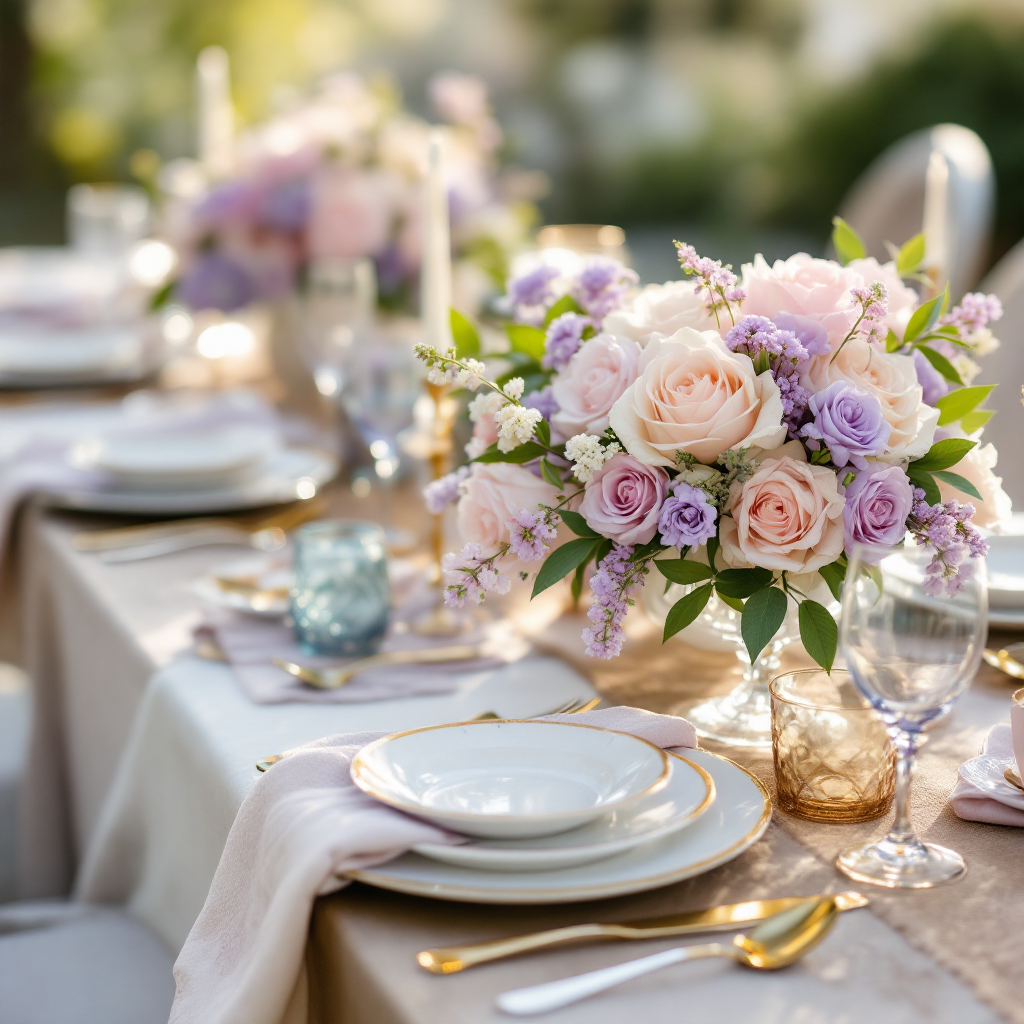 Pastel cream and lavender tablescape detail