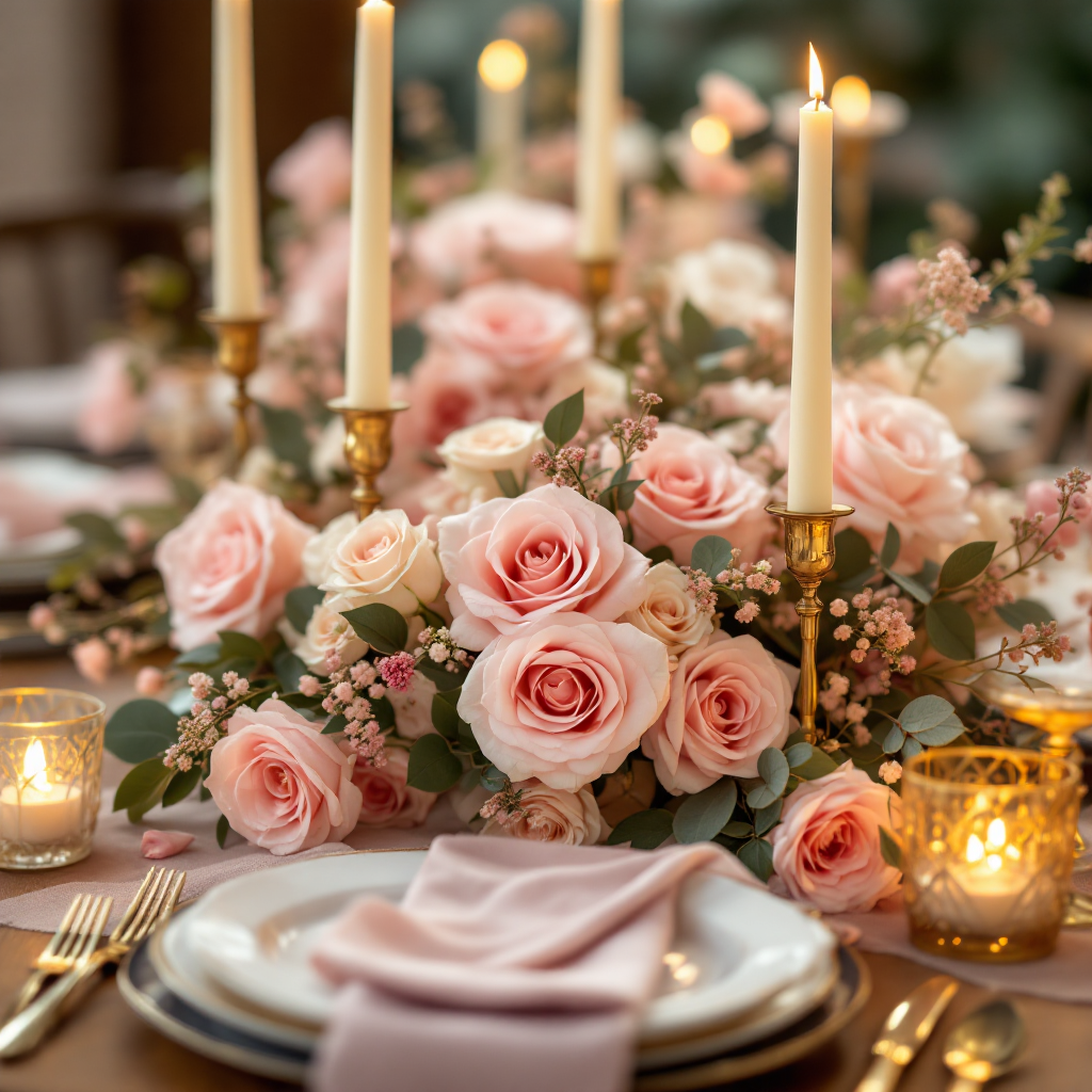 Soft pink and blush floral tablescape