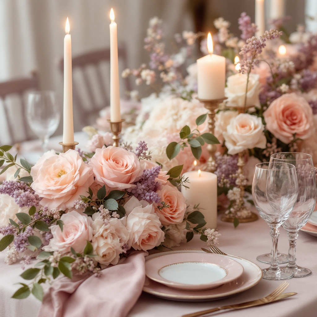 Soft pastel lavender and peach floral tablescape