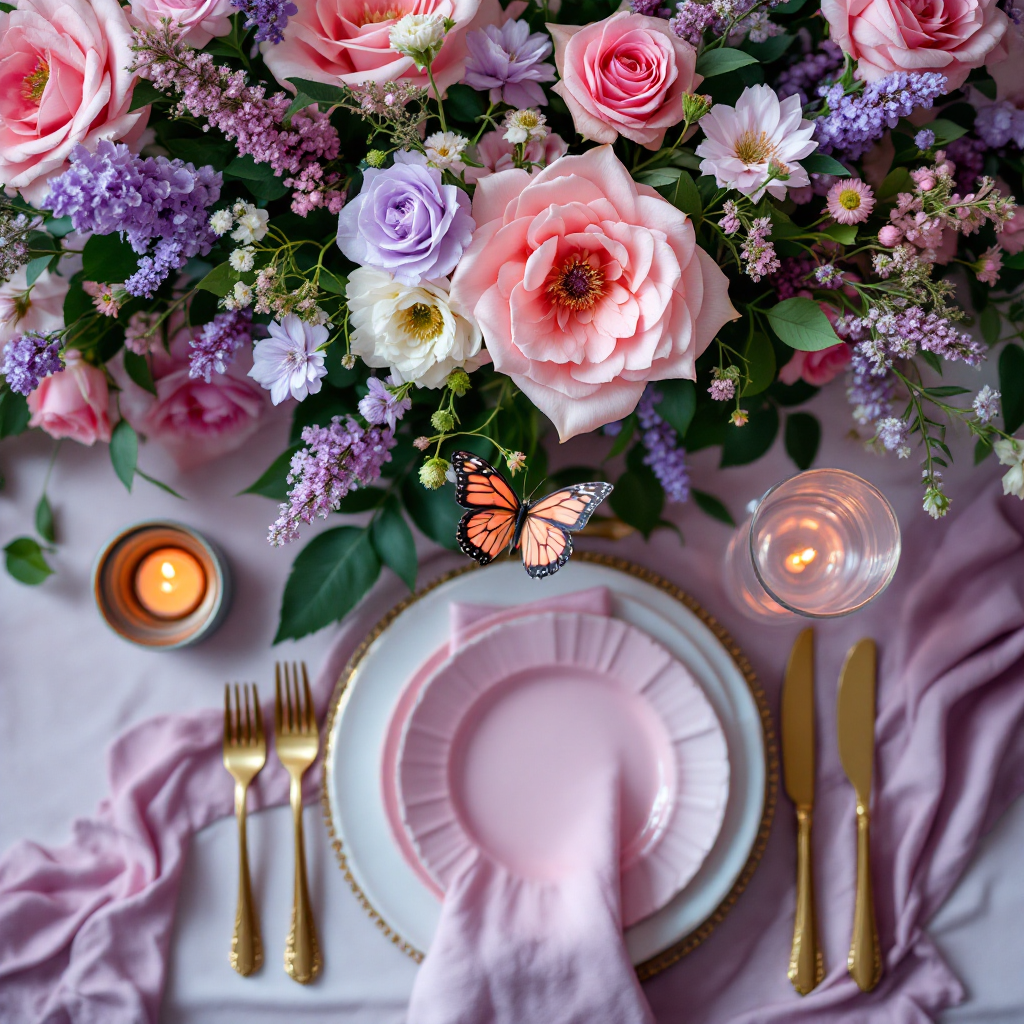 Bright pastel tablescape with lilac and bubblegum pink florals