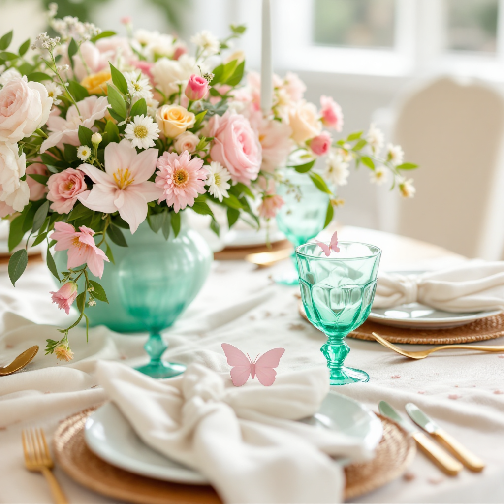Whimsical seafoam and pastel tablescape detail with butterfly accents