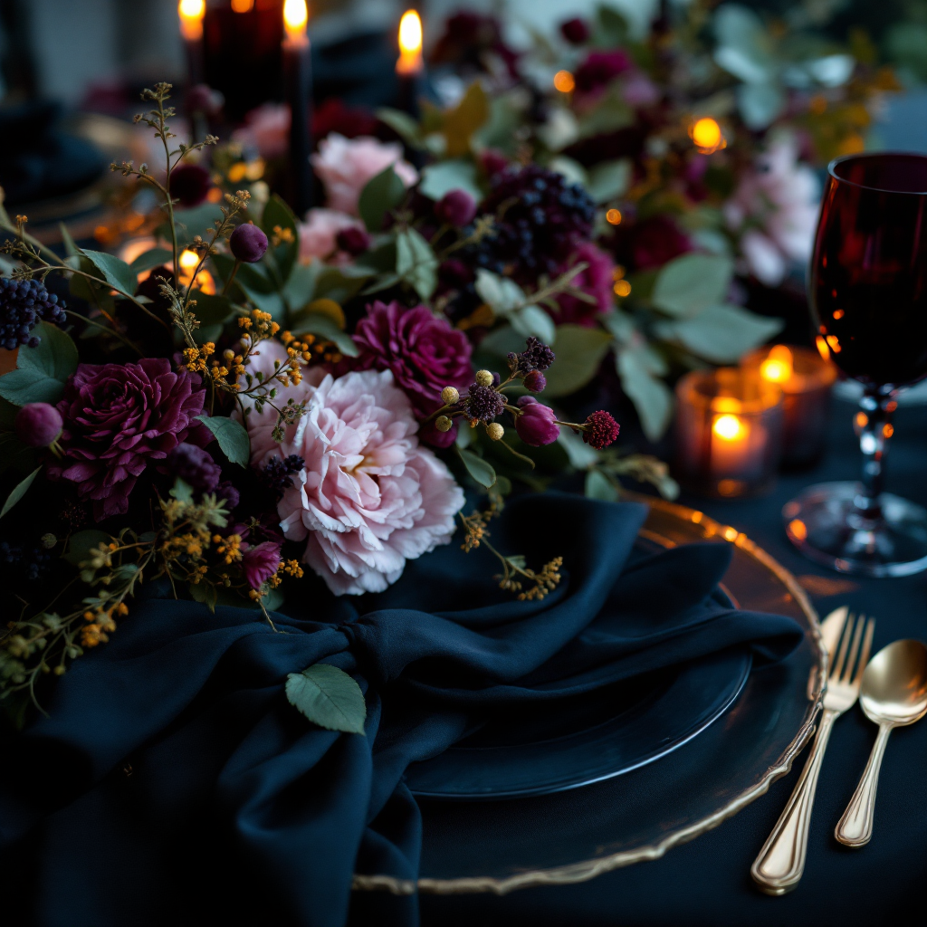 Moody summer tablescape detail with plum florals and gold flatware