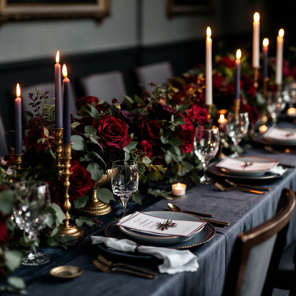 Deep navy and plum floral tablescape with gold accents and candlelight