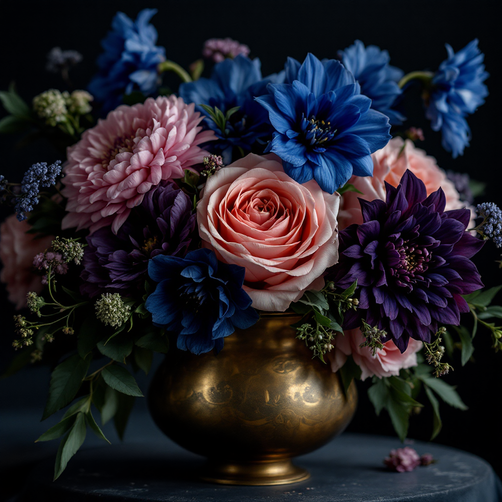Midnight blue and antique gold floral arrangement with blush roses