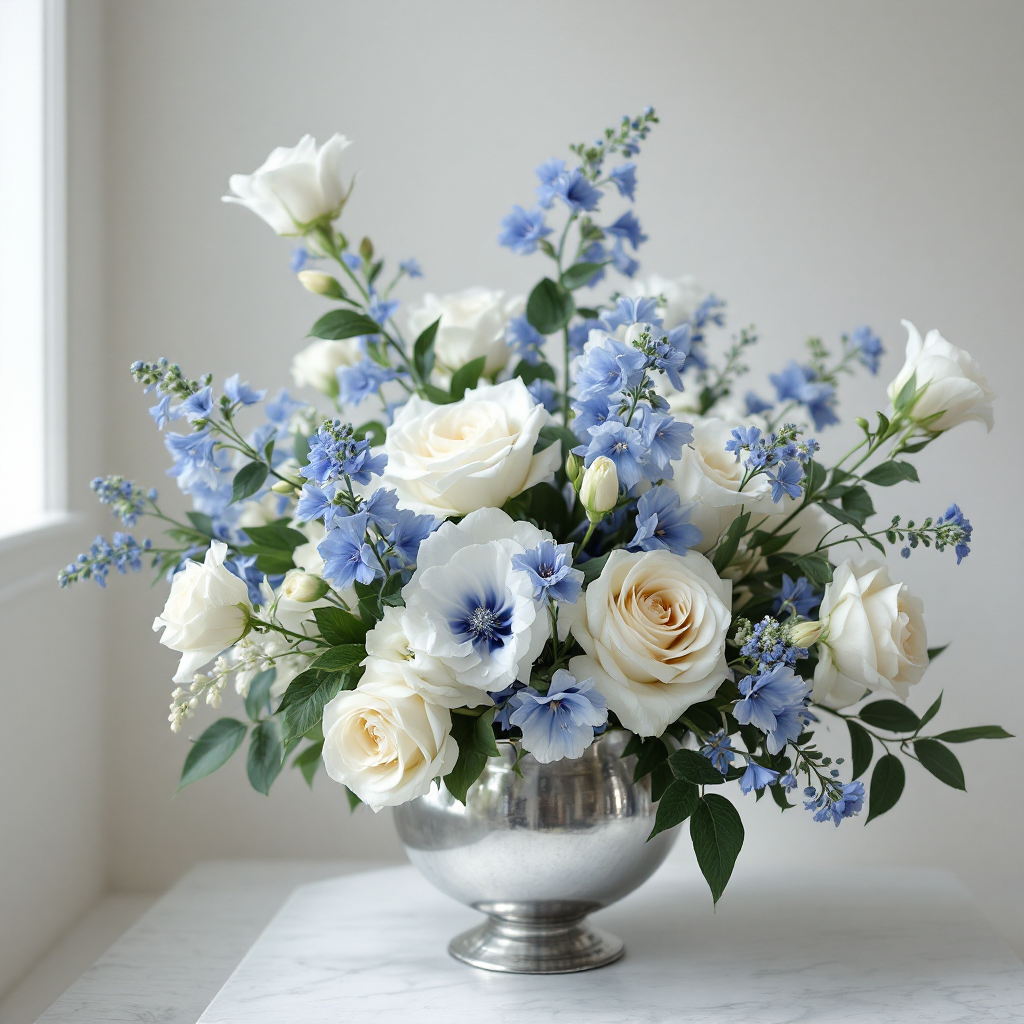 Steel blue and ivory floral arrangement with modern styling