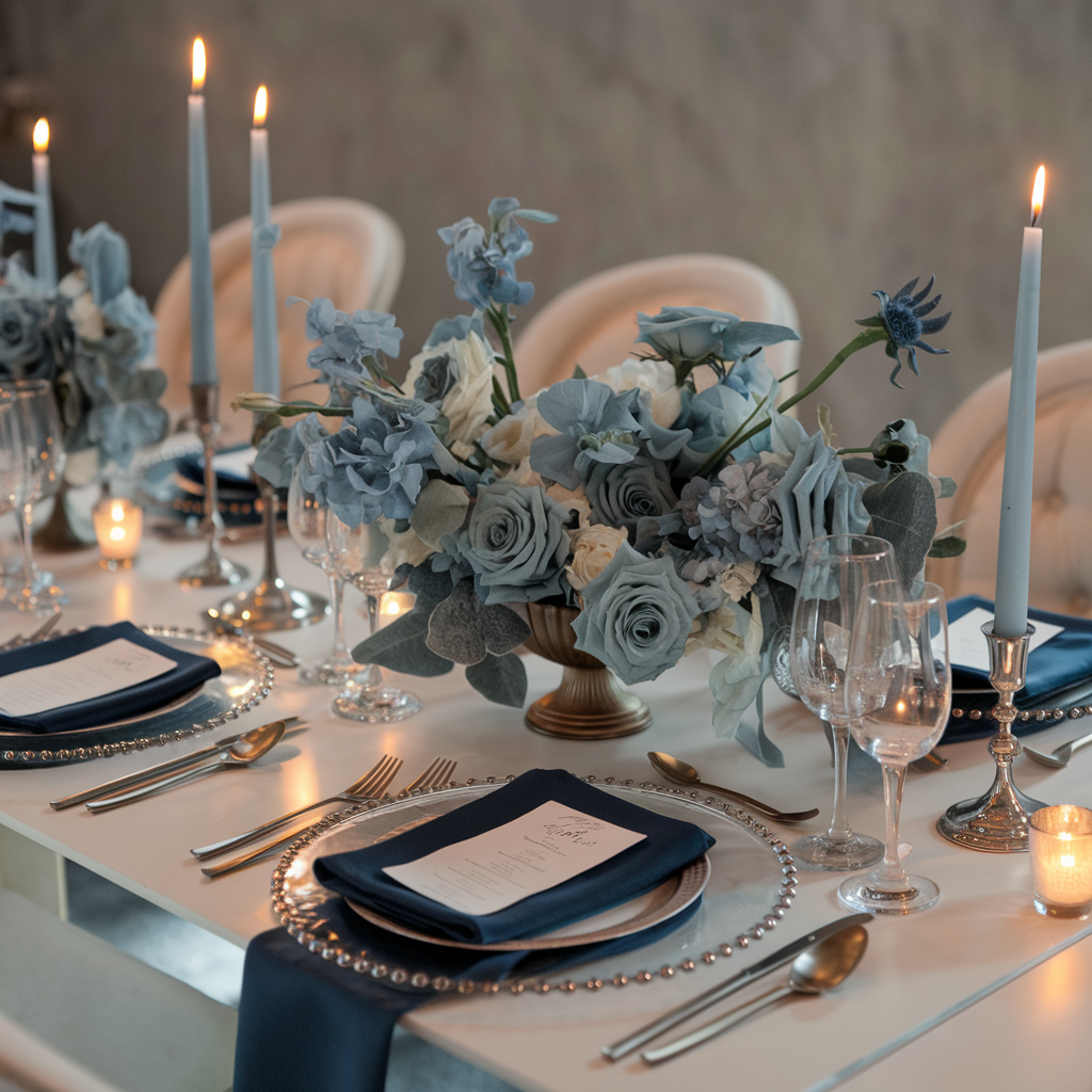 Modern navy and dusty blue tablescape with silver accents