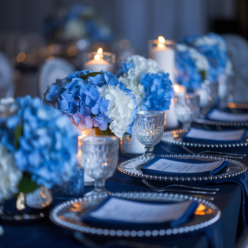 Navy and silver tablescape detail with blue florals
