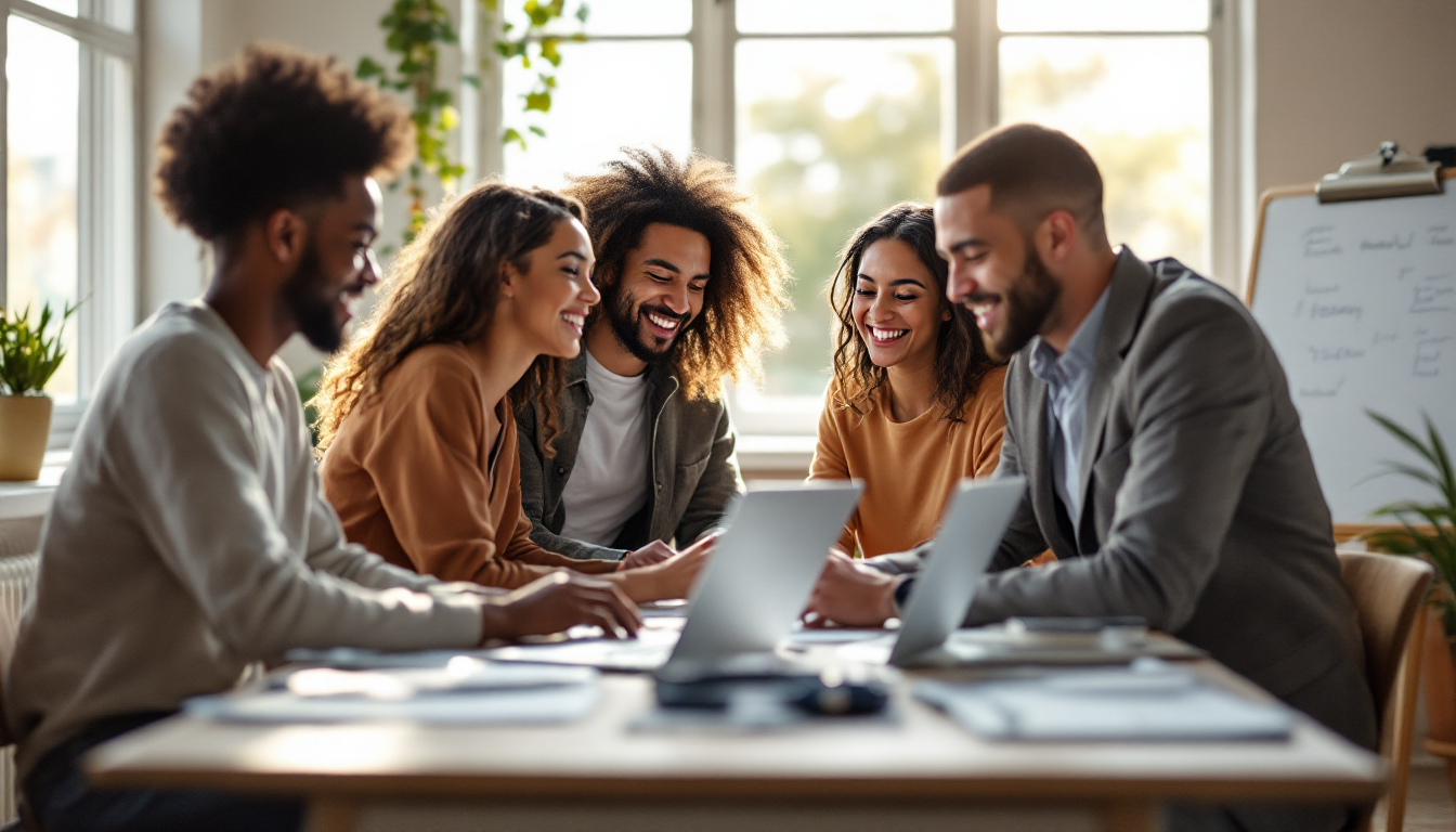 Marketing agency team collaborating in a modern office