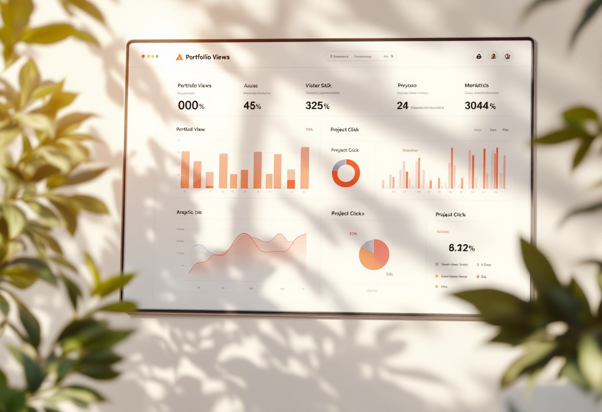 Portfolio analytics dashboard displaying total views, project clicks, and daily visitor charts