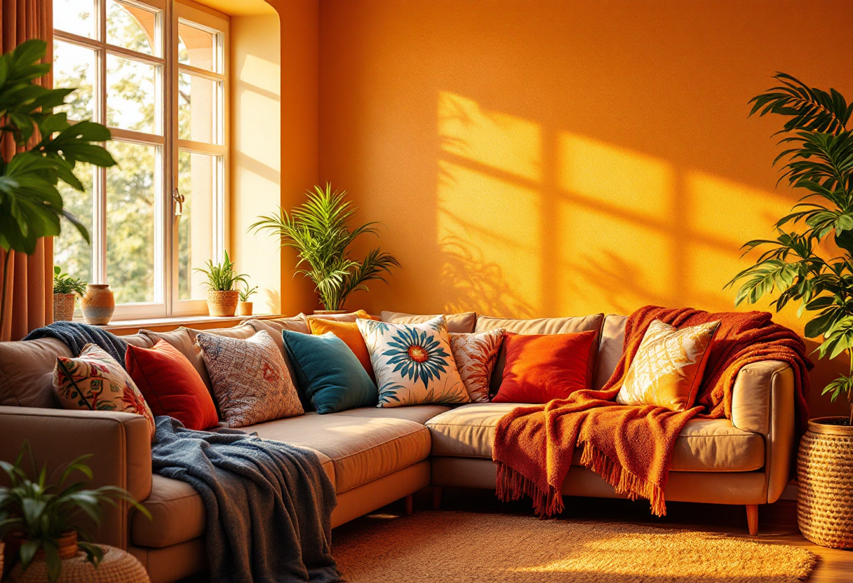 Beautifully styled living room with warm-toned decorative cushions, throws, and accent pieces bathed in golden light