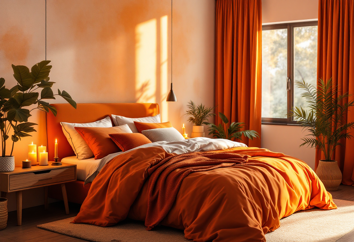 Elegant bedroom setup featuring luxury bedding, warm ambient candle holders, and soft lighting for a restful retreat
