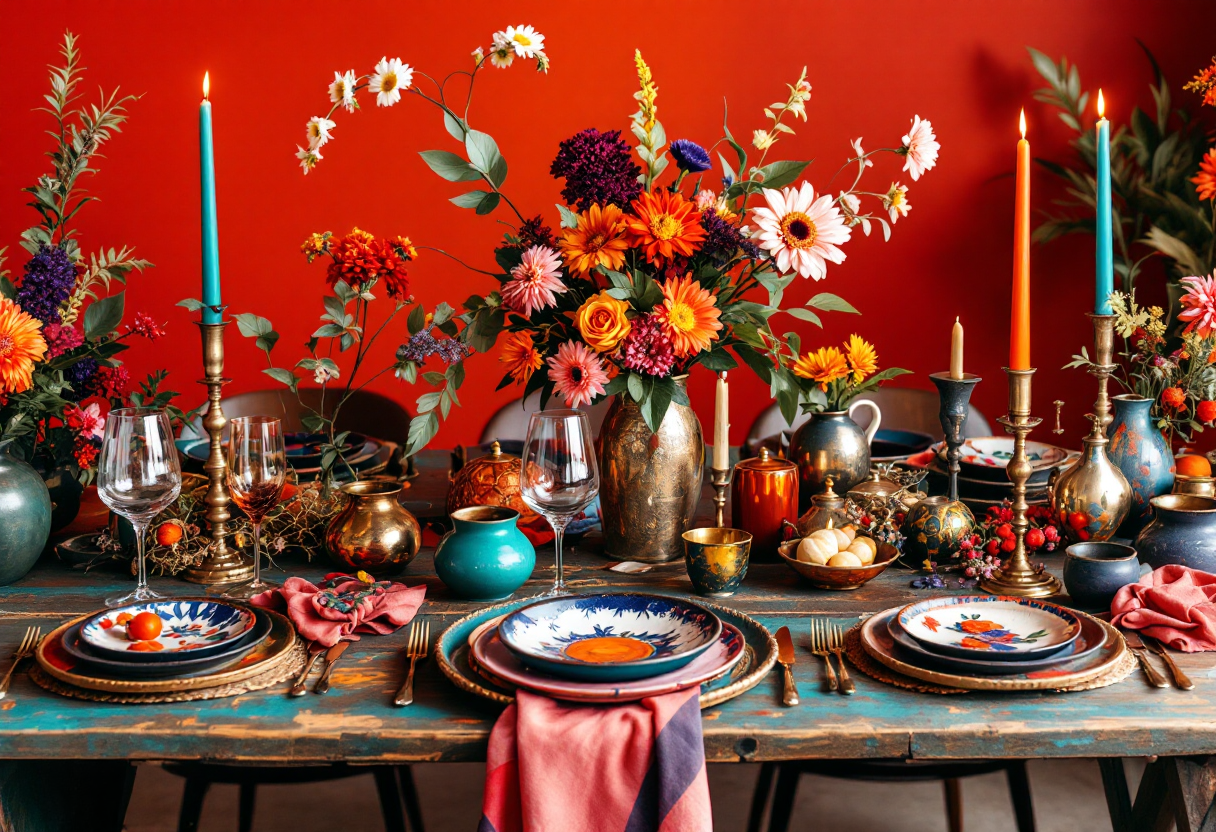Rustic dining table beautifully set with handcrafted ceramic dinnerware, brass accents, and a warm floral centerpiece