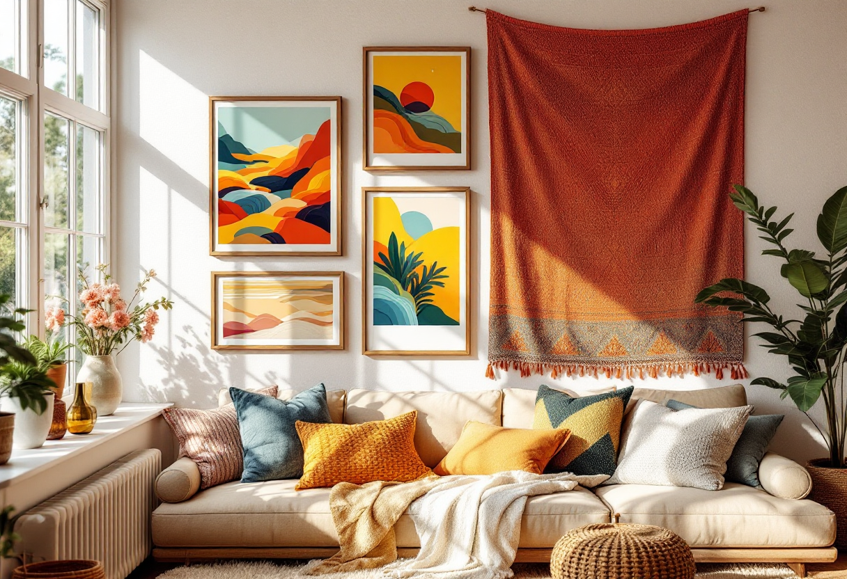 Sunlit gallery wall featuring curated art prints, a handwoven tapestry, and elegant frames in warm earthy tones
