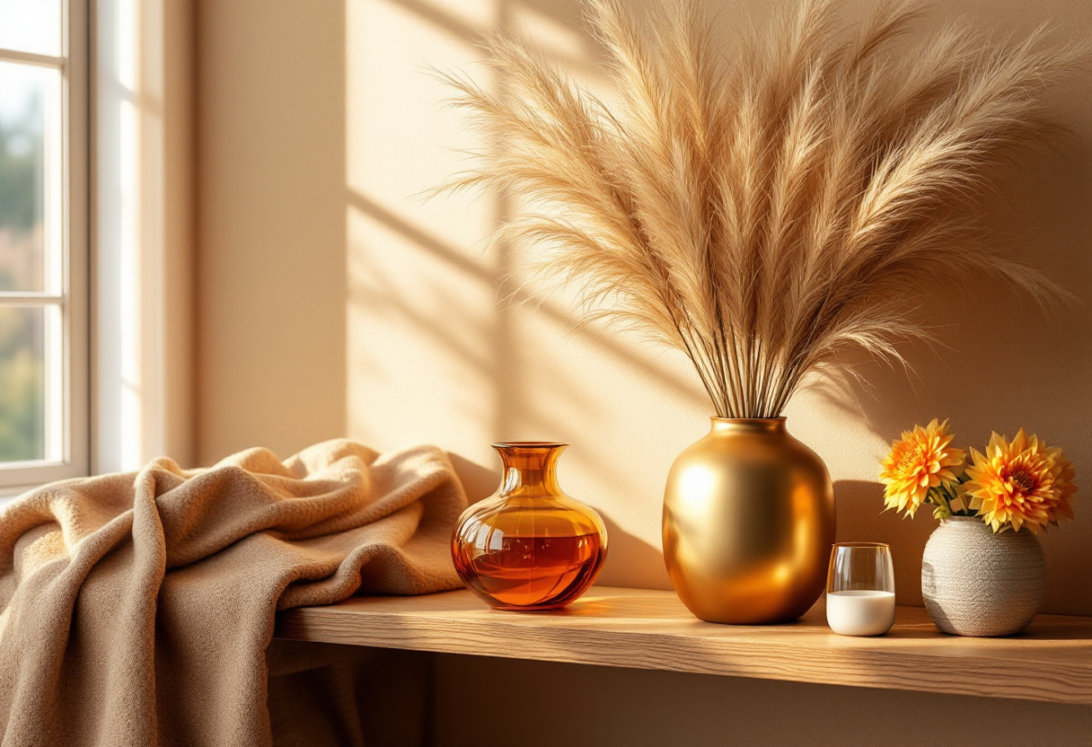 Set of three golden amber ceramic vases with dried pampas grass arranged on a warm wooden shelf