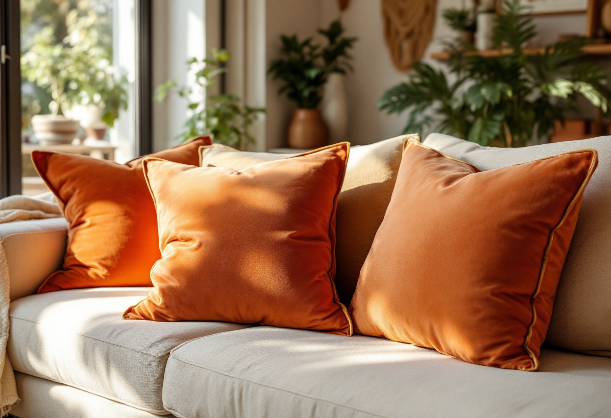 Two luxurious terracotta velvet cushion covers with gold piping on a beige linen sofa