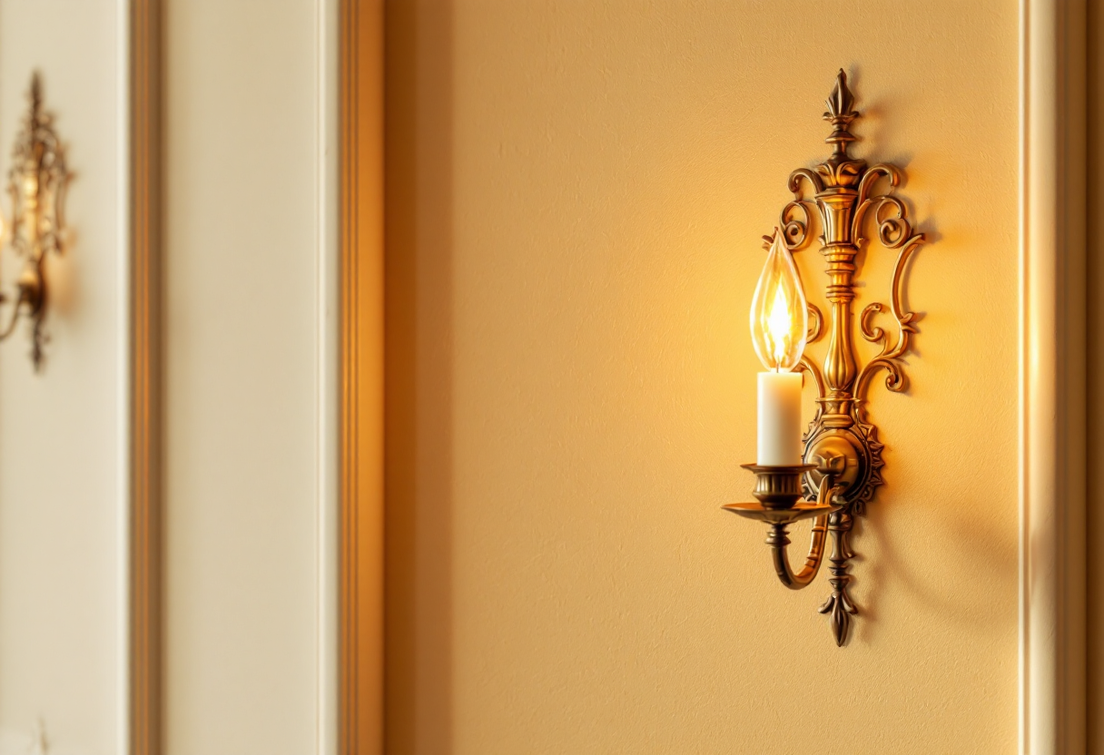 Handcrafted antique brass wall sconce candle holder casting warm golden light against a cream textured wall