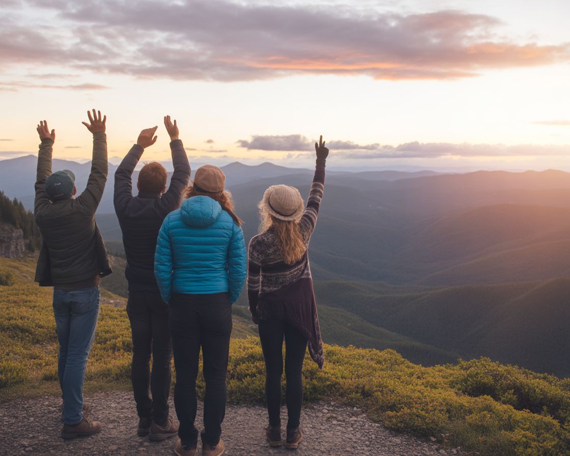 Scenic mountain landscape with travelers enjoying a breathtaking view during sunset