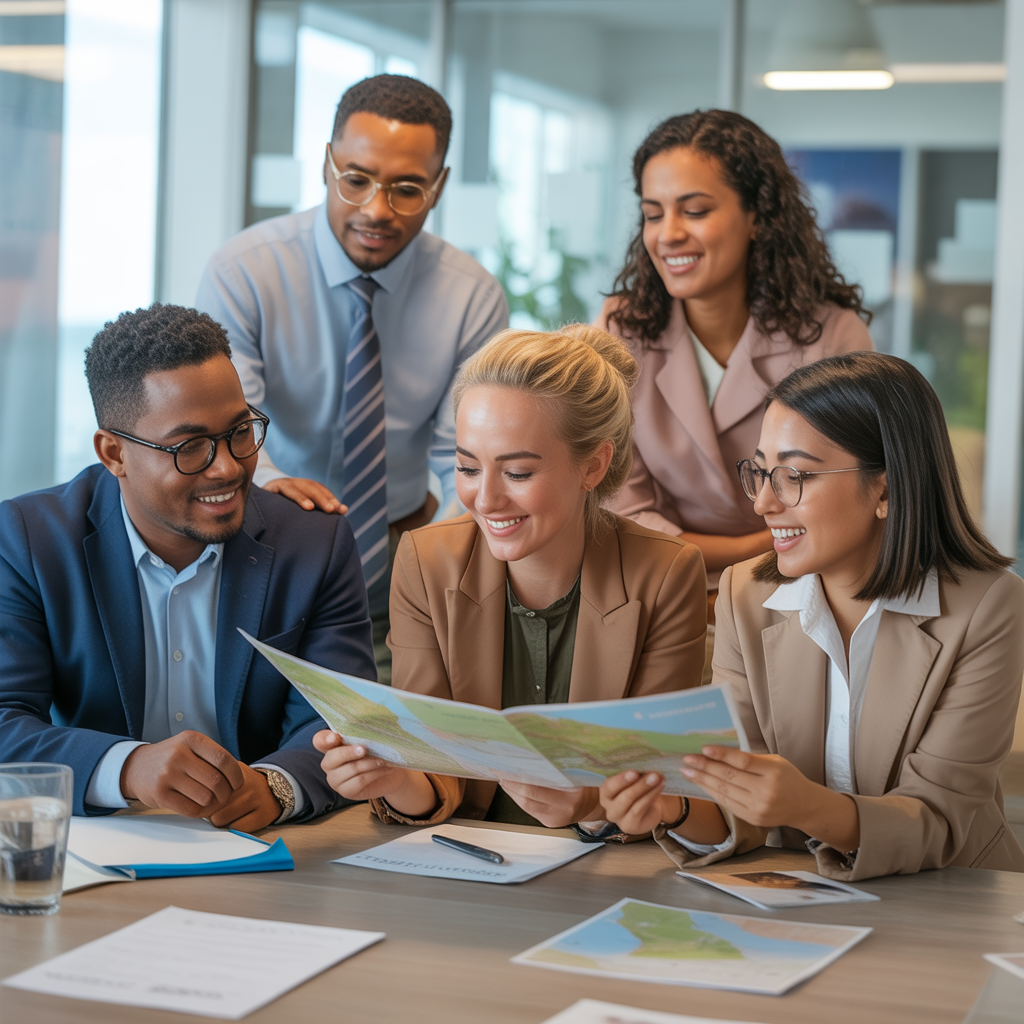 Krishna Travels team members planning travel itineraries in a modern office