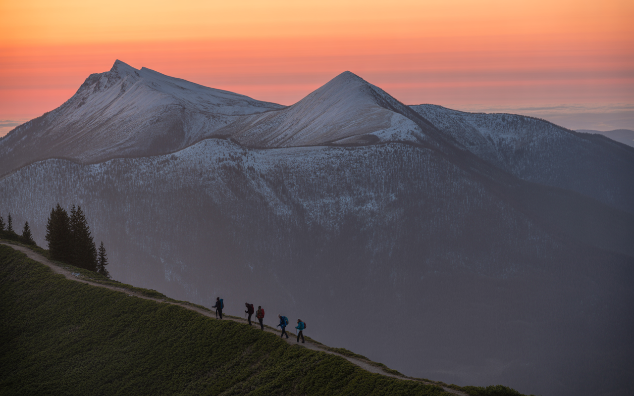 Scenic mountain landscape with travelers