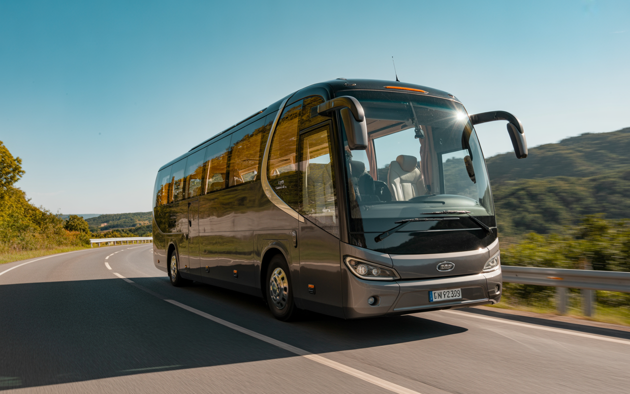 Modern comfortable travel bus on highway