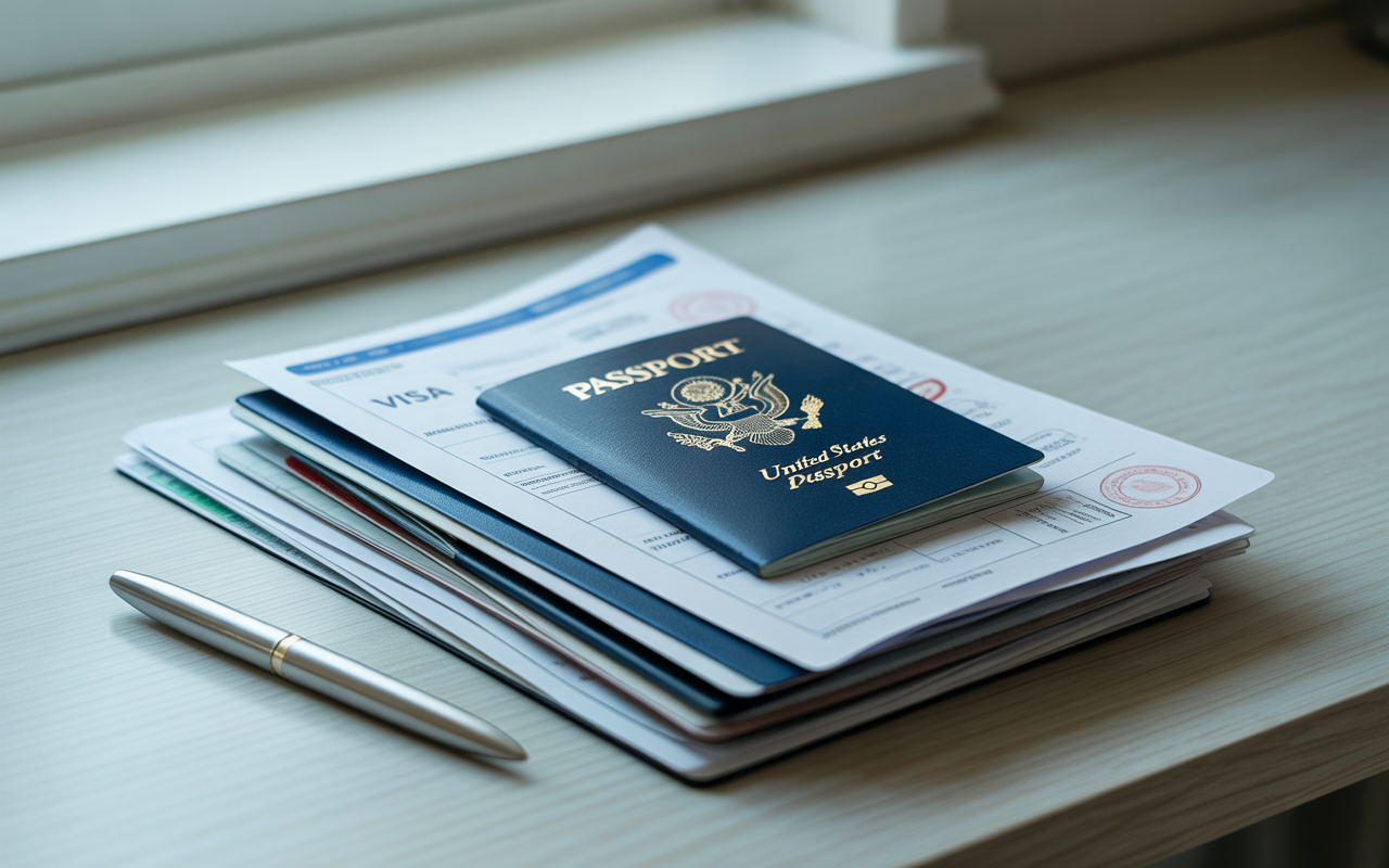 Passport and visa documents on desk