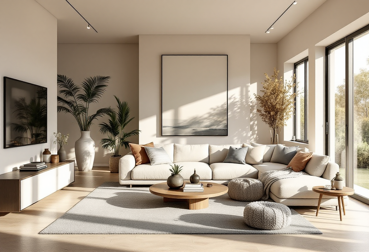 A stunning modern living room designed by Rishi Interiors featuring elegant furniture and warm natural lighting