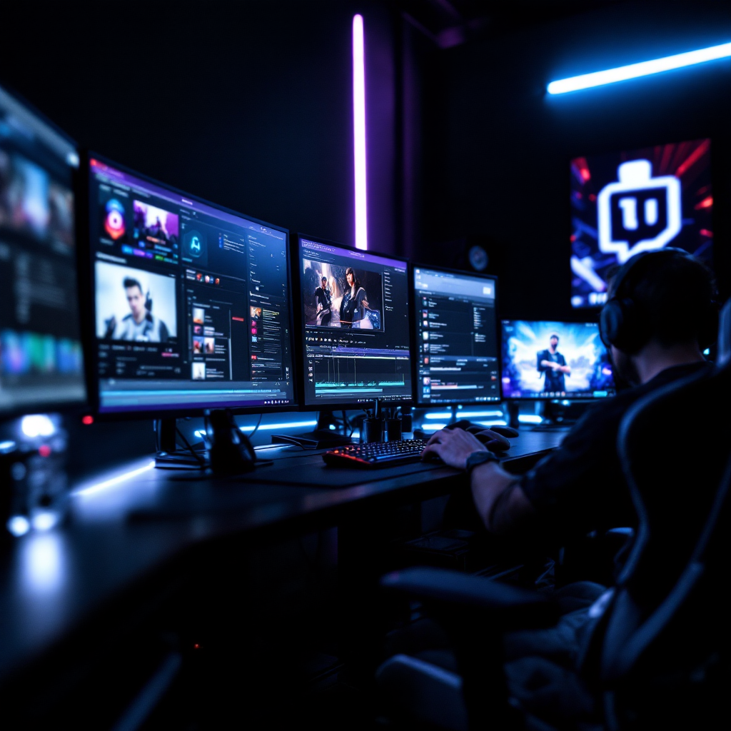 Gaming content production setup with multiple monitors
