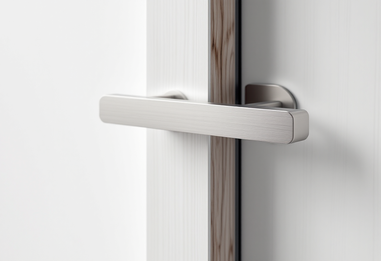 Sleek modern brushed stainless steel door handle mounted on a light oak door