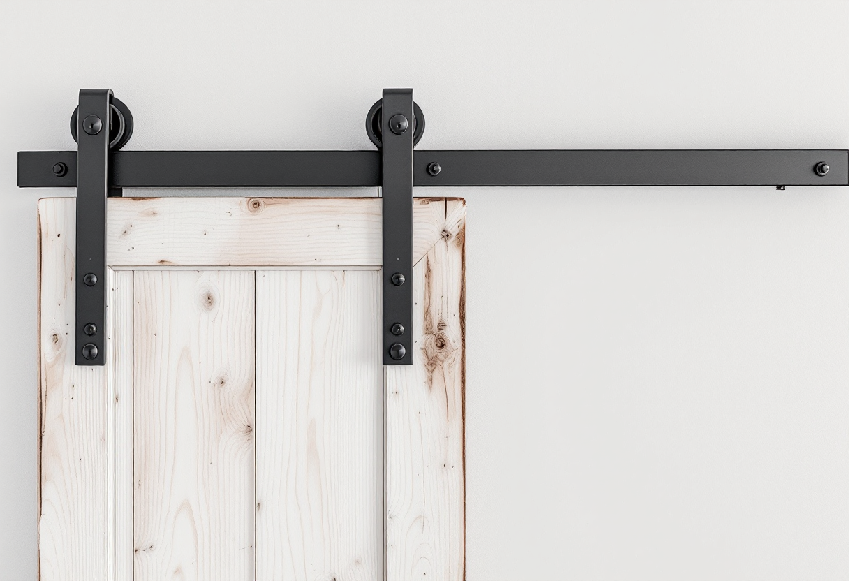 Black iron barn door handle mounted on a rustic wooden sliding door