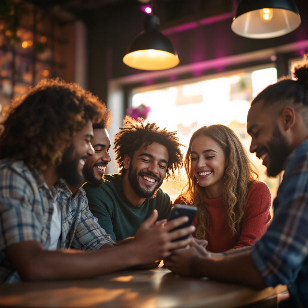 Grupo de amigos engajados com conteúdo no celular