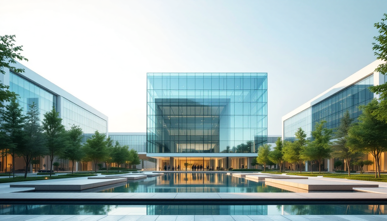 Modern university campus with glass architecture and reflecting pool