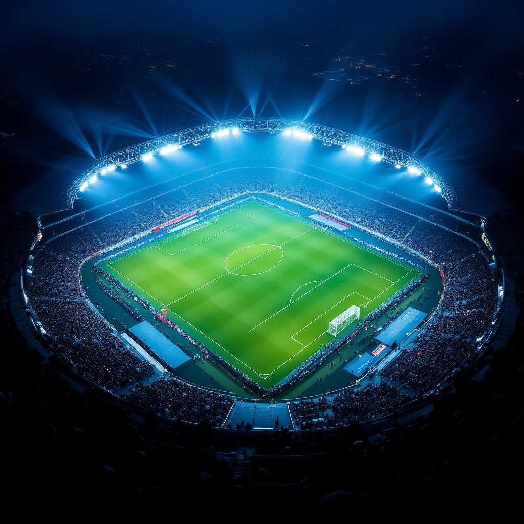 Sports stadium at night with dramatic lighting